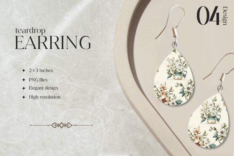 Floral Crockery Teardrop Earring Sublimation Design