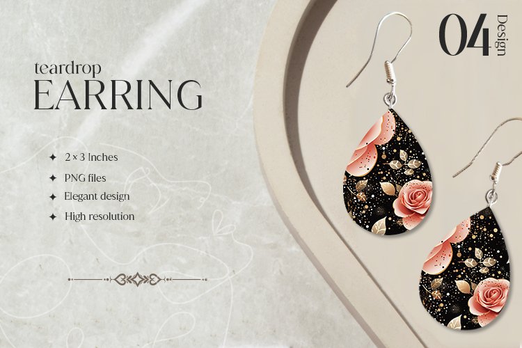 Gold Rose Teardrop Earring Sublimation Design