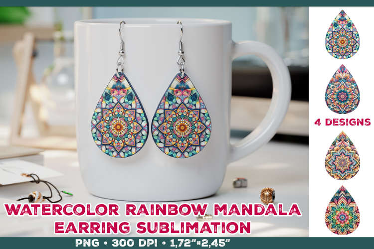 Watercolor Mandala Teardrop Earrings Sublimation Design