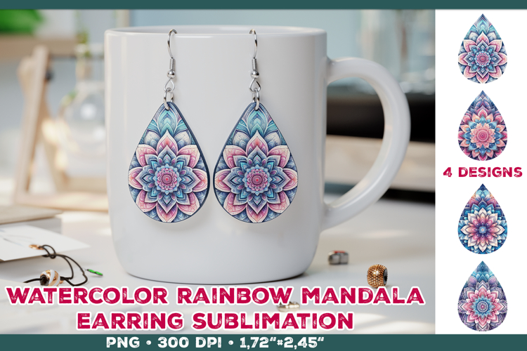 Watercolor Mandala Teardrop Earrings Sublimation Design