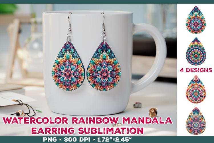 Watercolor Mandala Teardrop Earrings Sublimation Design