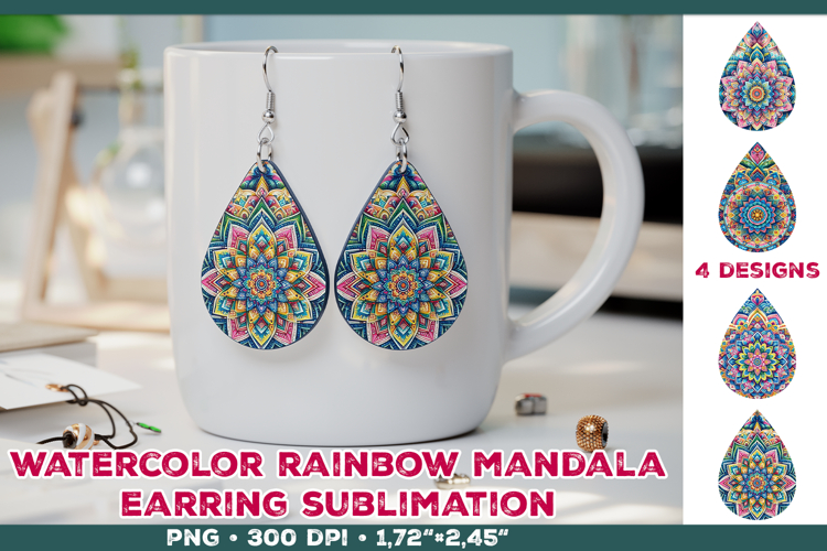 Watercolor Mandala Teardrop Earrings Sublimation Design