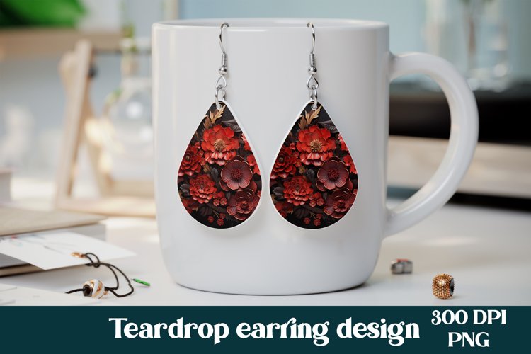 Leather flower teardrop earring | 3d earring flower PNG