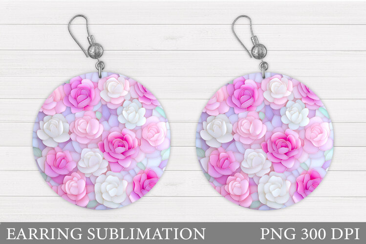 Roses Earring Sublimation. Flowers Round Earring Design example image 1