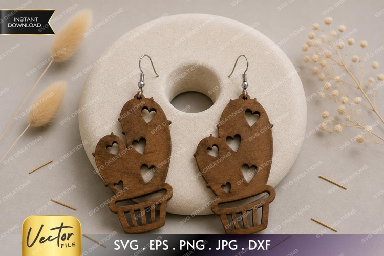 Cactus Heart Earrings SVG| Laser Cut Earring example image 1