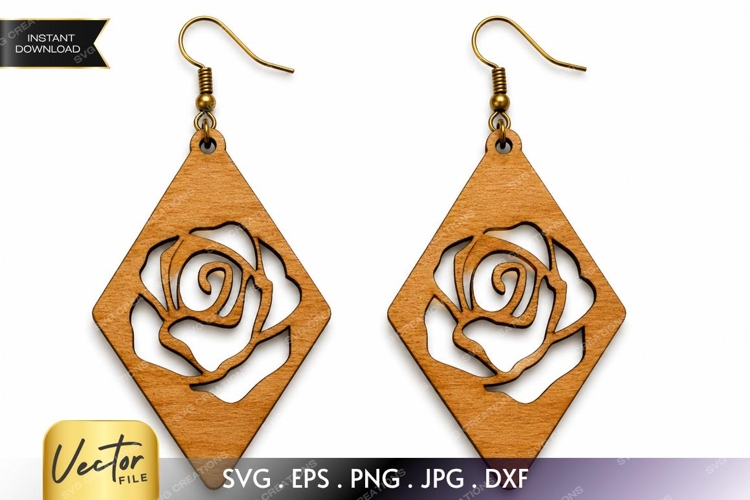 Rose Diamond Earrings SVG| Laser Cut Earring example image 1