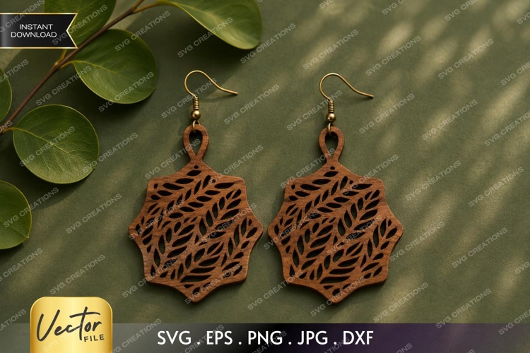 Leaf Pattern Hexagon Earrings SVG| Laser Cut Earring
