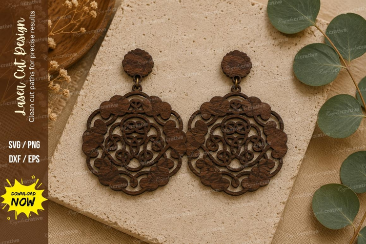 Rose Mandala Earrings Laser Cut SVG File rose earrings svg,