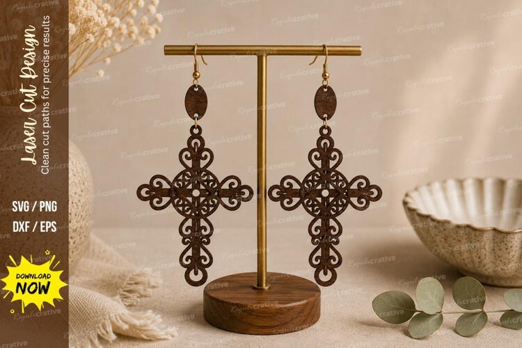 Cross Earrings Laser Cut SVG File cross earrings svg, wooden example image 1