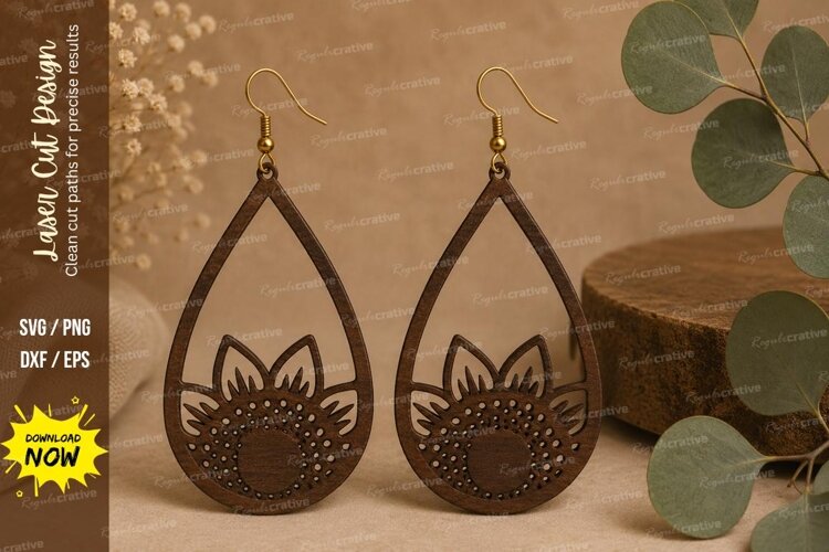 Sunflower Teardrop Earrings Laser Cut SVG File sunflower ear example image 1