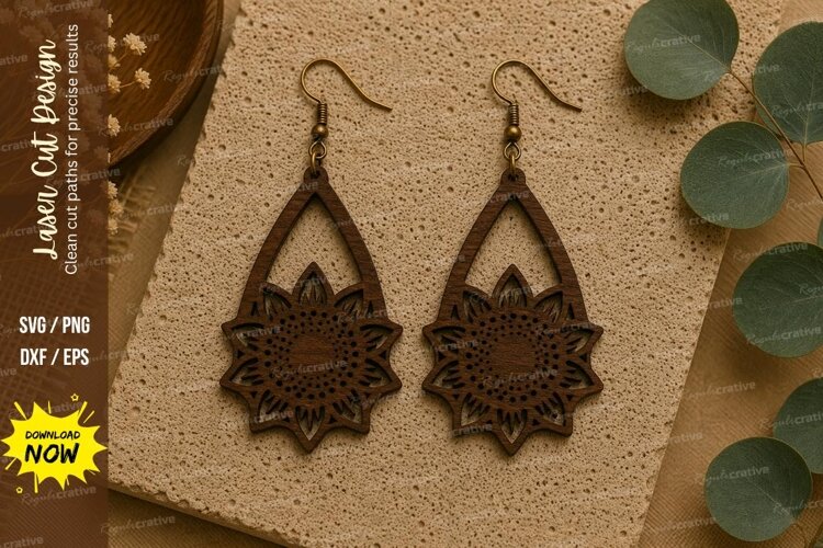 Sunflower Drop Earrings Laser Cut SVG File sunflower earring example image 1