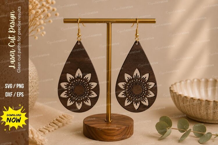 Sunflower Teardrop Earrings Laser Cut SVG File sunflower example image 1