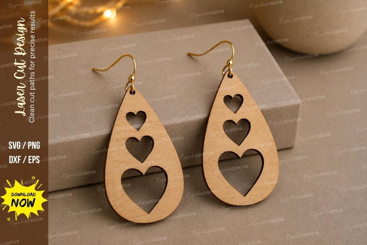 Triple Heart Teardrop Earrings Laser Cut SVG File heart earr