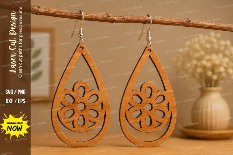 Flower Teardrop Earrings Laser Cut SVG File flower earrings example image 1
