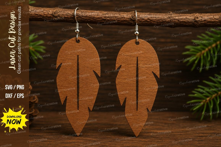 Boho Wood Feather Earrings Laser Cut SVG File wood feather
