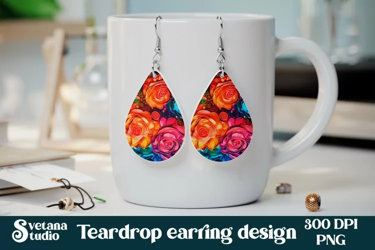 Flower teardrop earring sublimation | Stained glass earring