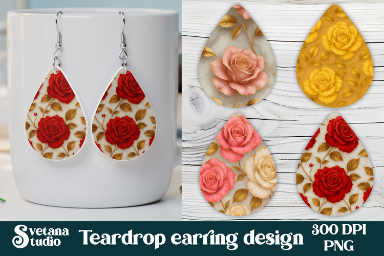Flower teardrop earring sublimation | Rose earring PNG