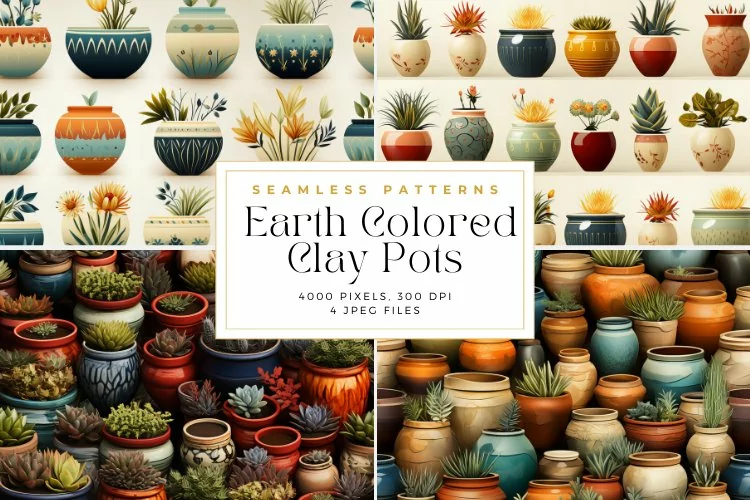 4 Earth Colored Clay Pots Seamless Pattern