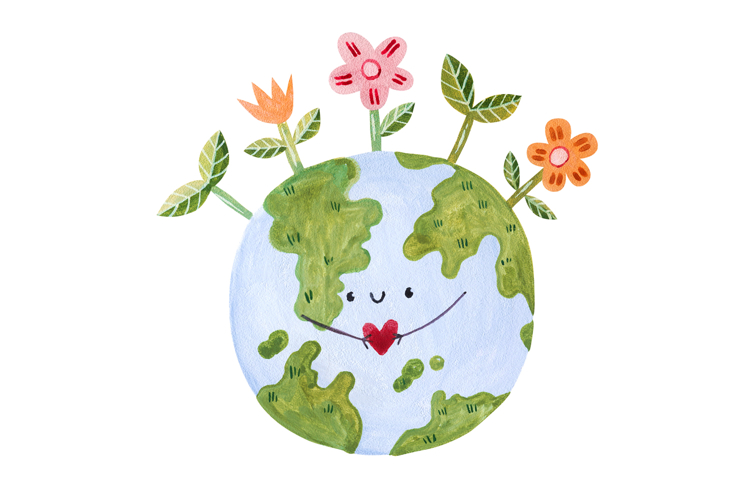 Cute Watercolor Planet Earth Holding Heart Hand-painted