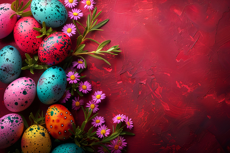 Colorful Easter eggs on textured dark red background