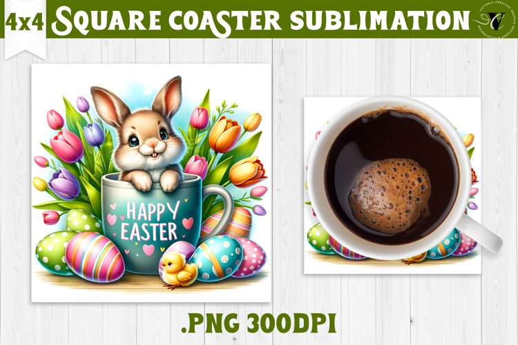 Easter Square Coaster | Easter rabbit in mug Sublimation