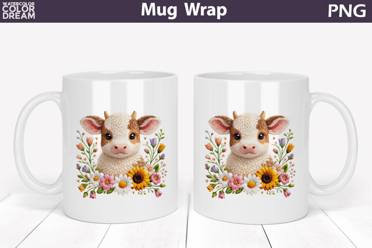 Cow Floral Mug Wrap | Spring Animal Mug Sublimation example image 1