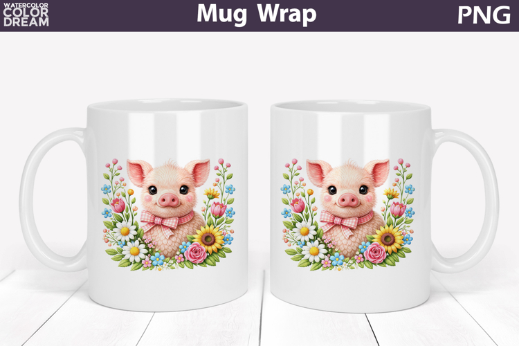 Pig Floral Mug Wrap | Spring Animal Mug Sublimation