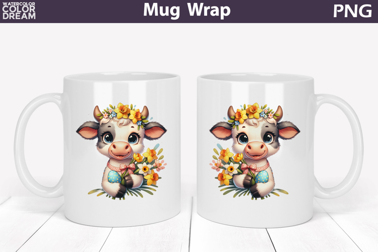 Easter Highland Cow Mug Wrap PNG | Spring Floral Sublimation