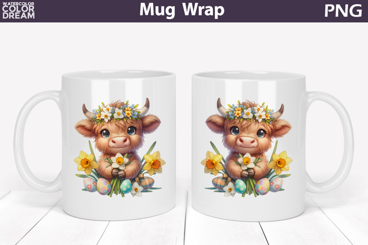 Easter Highland Cow Mug Wrap PNG | Spring Floral Sublimation