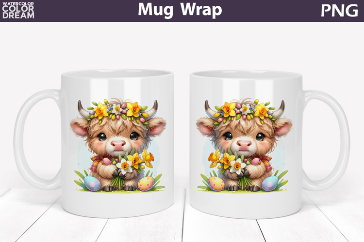 Easter Highland Cow Mug Wrap PNG | Spring Floral Sublimation