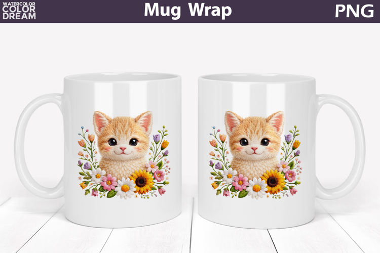 Cat Floral Mug Wrap | Spring Animal Mug Sublimation