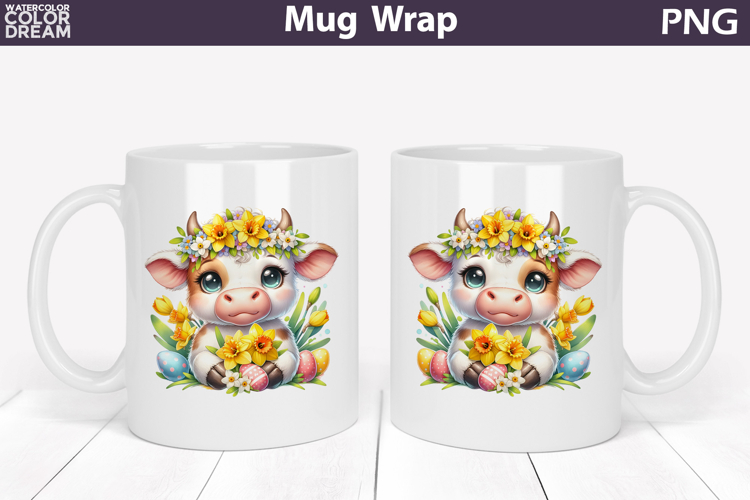 Easter Highland Cow Mug Wrap PNG | Spring Floral Sublimation