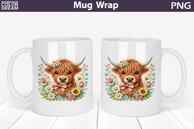 Highland Cow Floral Mug Wrap | Spring Animal Mug Sublimation