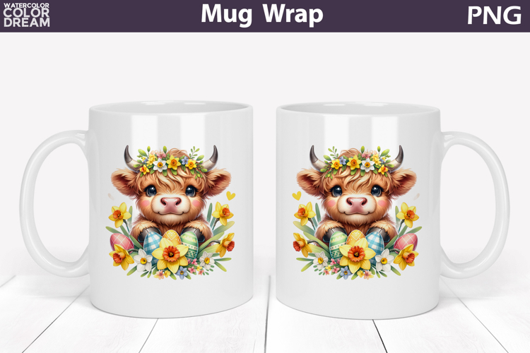 Easter Highland Cow Mug Wrap PNG | Spring Floral Sublimation