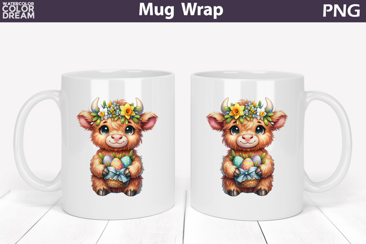 Easter Highland Cow Mug Wrap PNG | Spring Floral Sublimation