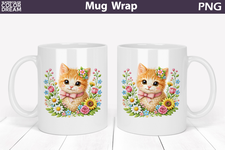 Cat Floral Mug Wrap | Spring Animal Mug Sublimation
