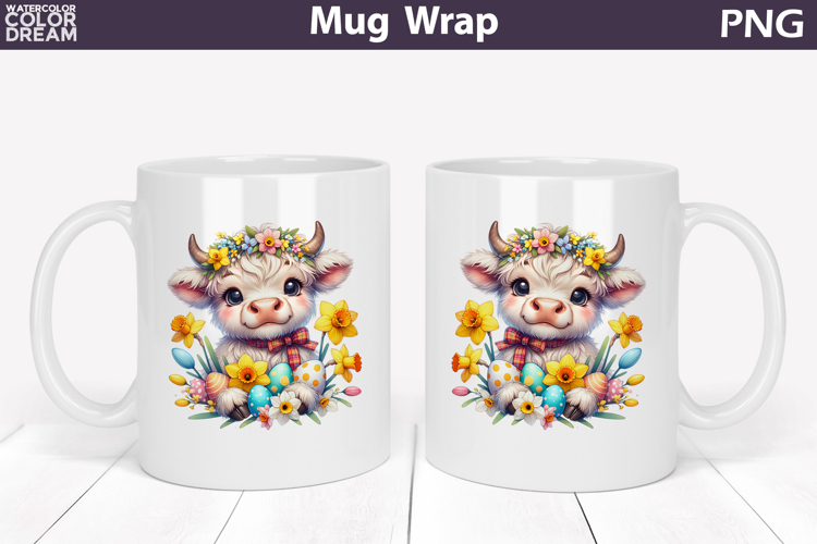 Easter Highland Cow Mug Wrap PNG | Spring Floral Sublimation