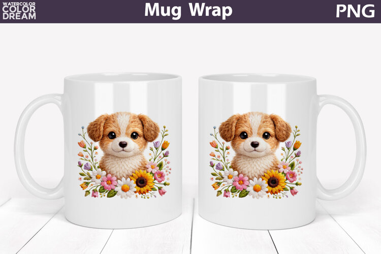 Dog Floral Mug Wrap | Spring Animal Mug Sublimation example image 1