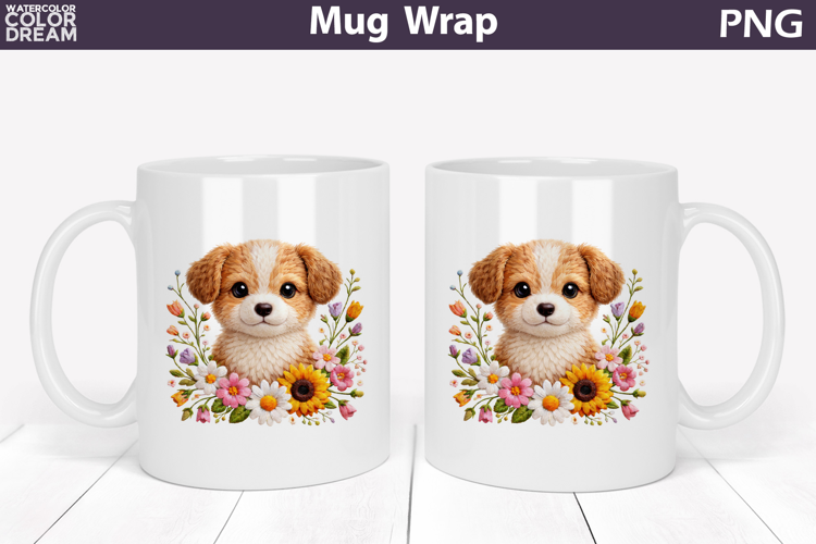 Dog Floral Mug Wrap | Spring Animal Mug Sublimation