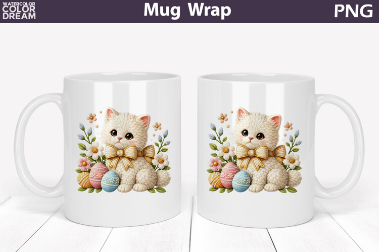 Cat Floral Eggs Mug Wrap | Spring Animal Mug Sublimation example image 1