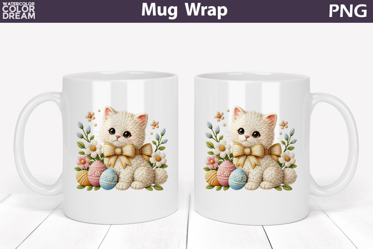 Cat Floral Eggs Mug Wrap | Spring Animal Mug Sublimation