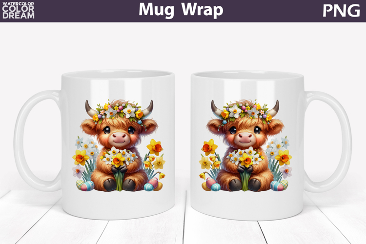 Easter Highland Cow Mug Wrap PNG | Spring Floral Sublimation