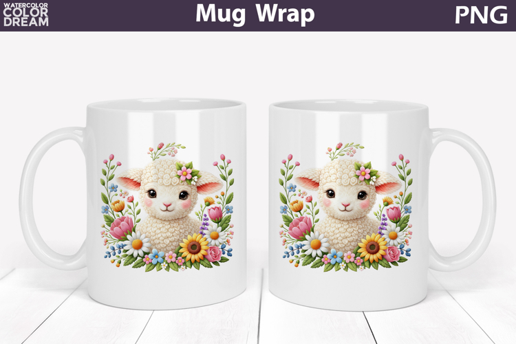 Lamb Floral Mug Wrap | Spring Animal Mug Sublimation