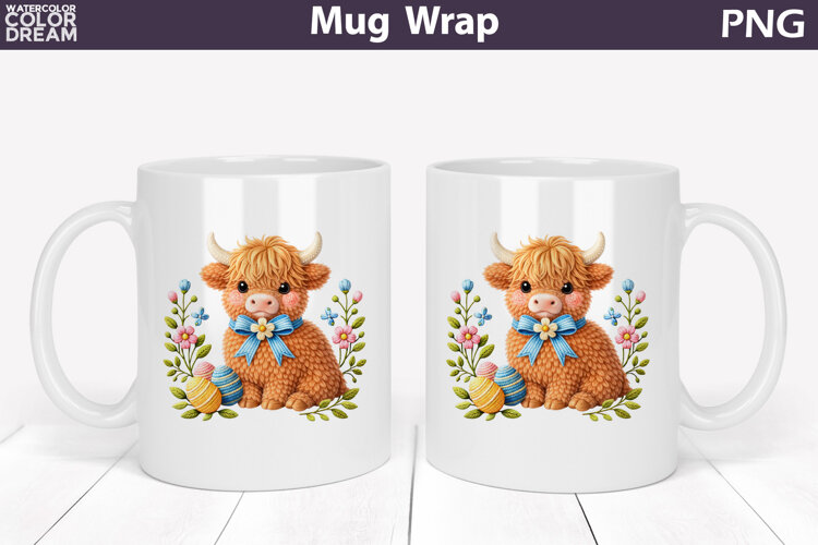 Highland Cow Floral Mug Wrap | Spring Animal Mug Sublimation example image 1