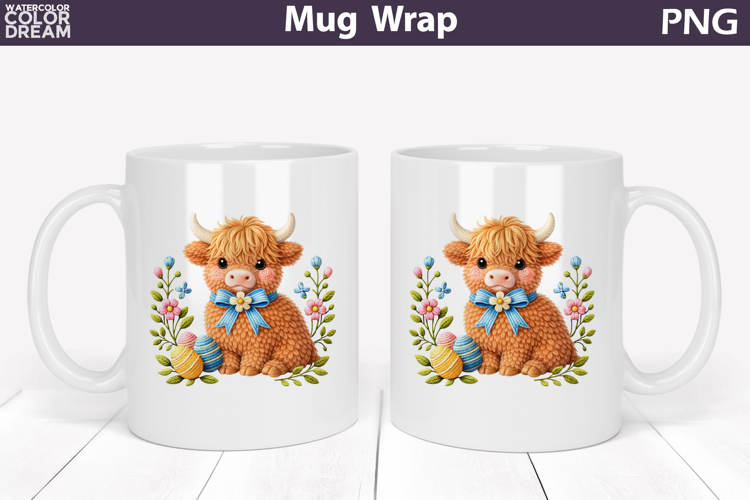 Highland Cow Floral Mug Wrap | Spring Animal Mug Sublimation