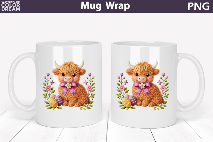Highland Cow Floral Easter Eggs Mug Wrap | Spring Animal Mug