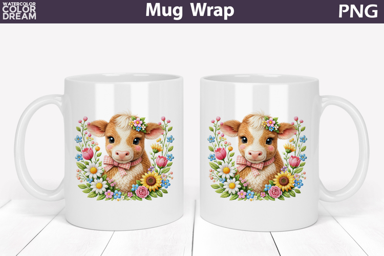 Highland Cow Floral Mug Wrap | Spring Animal Mug Sublimation