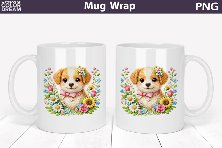 Dog Floral Mug Wrap | Spring Animal Mug Sublimation