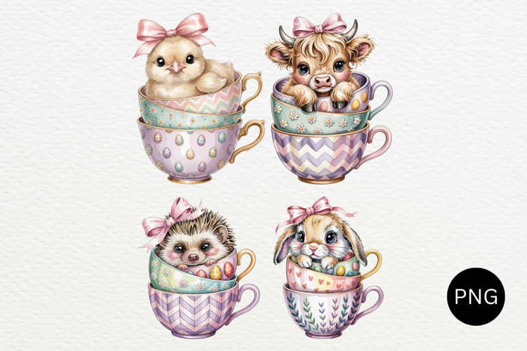 Easter Baby Animals In Teacups PNG Watercolor Clipart