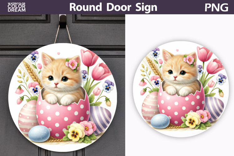 Easter Kitten Round Sign | Cat Spring Door Hanger